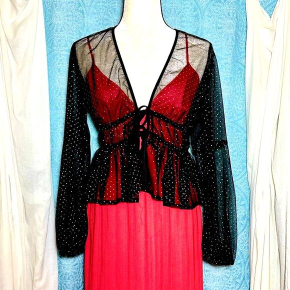 Hesperus Tops - Hesperus Mesh Gold Micro Dot Peplum Blouse Cardigan Jacket Sz L/XL